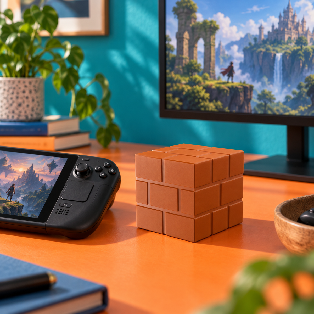 Cubedock 2 beside a handheld PC and larger gaming screen