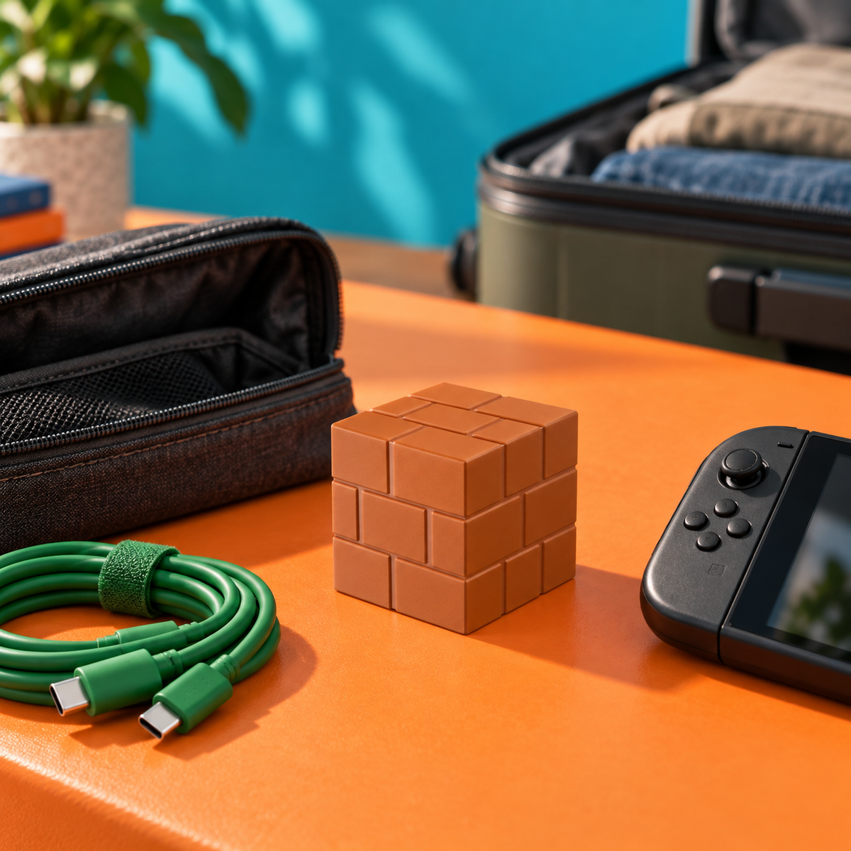 Cubedock 2 beside a travel pouch, included USB-C cable and handheld console