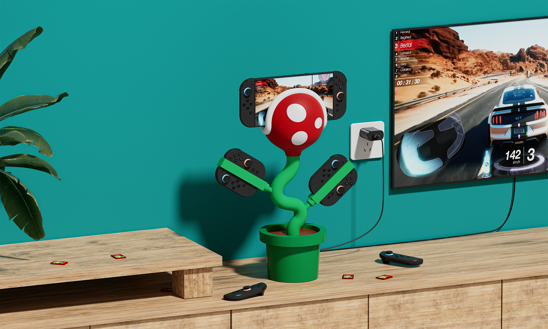 Character docks and charging gear for Switch setups.