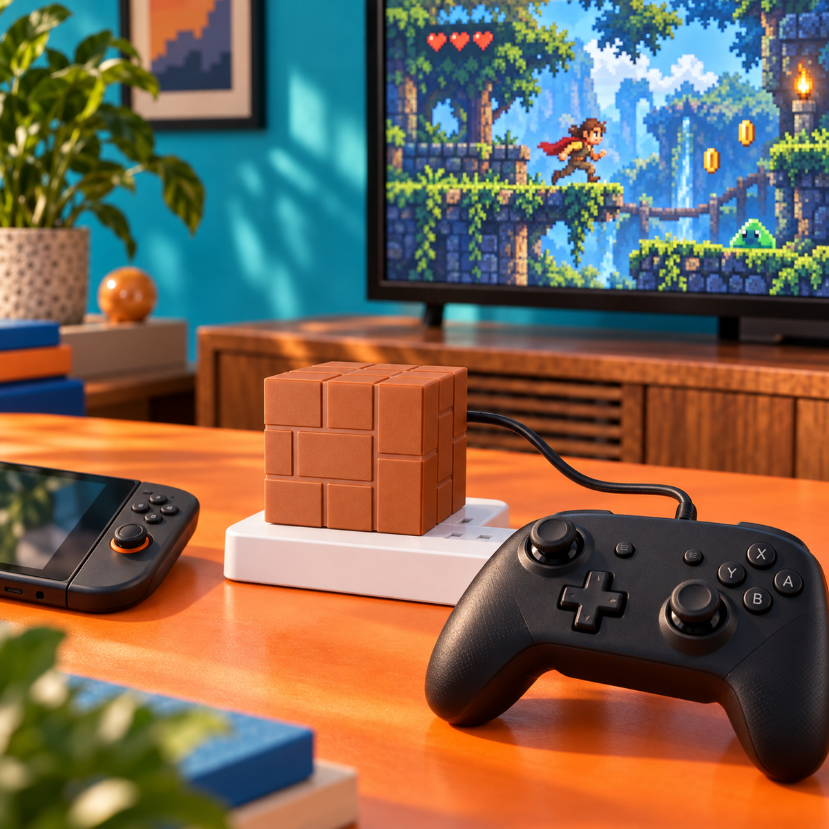 Cubedock 2 with a supported wired controller and a partly visible handheld game device