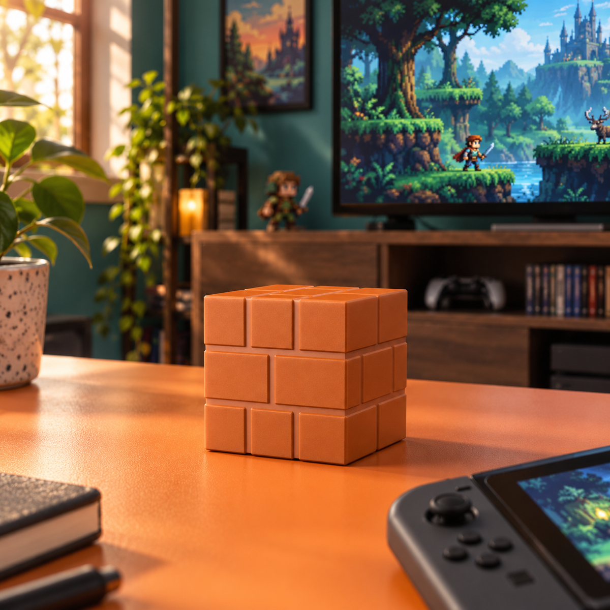 Cubedock 2 beside a handheld console and a big screen showing pixel adventure game art