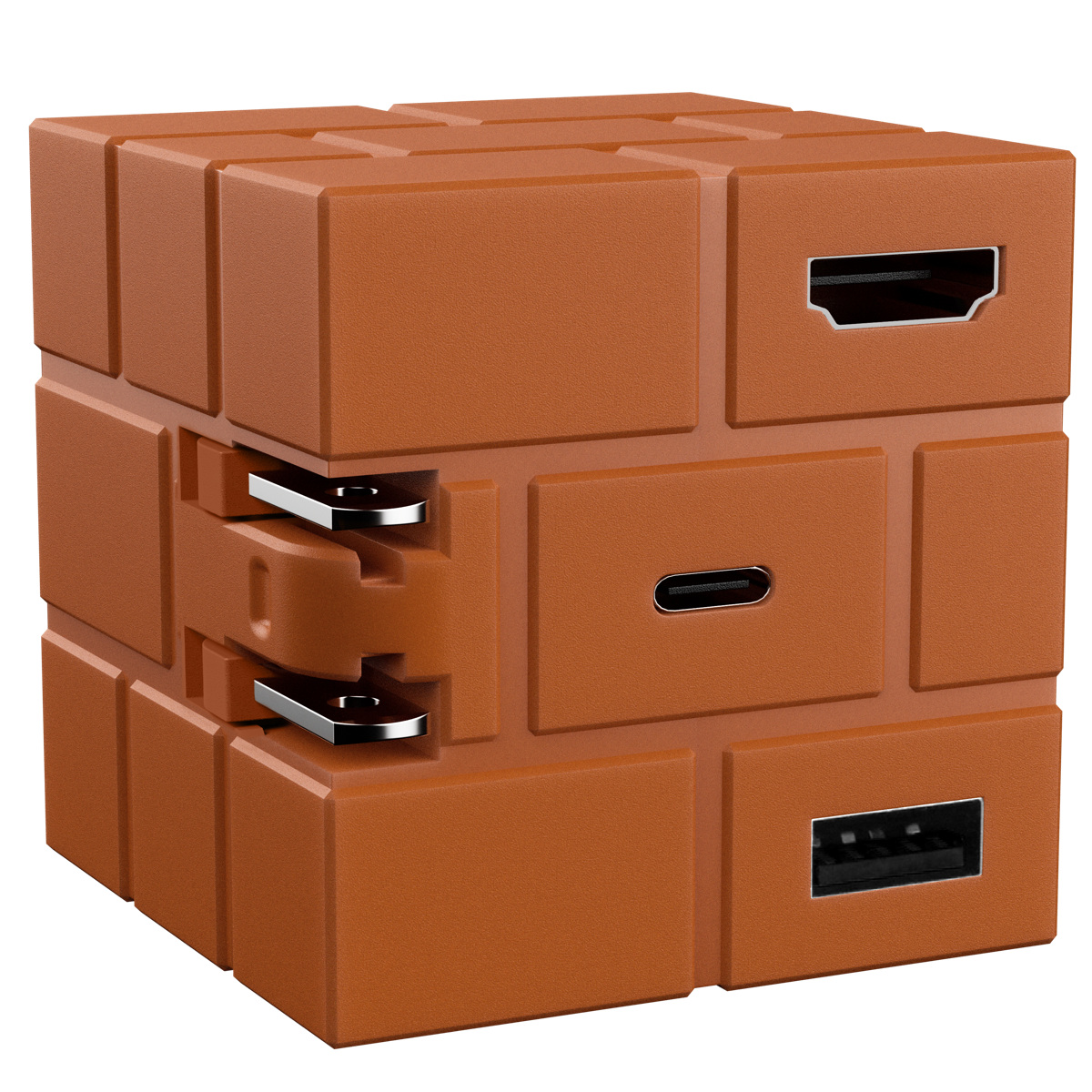 Cubedock 2 rear view showing HDMI above USB-C and USB-A, with folding US prongs on the side
